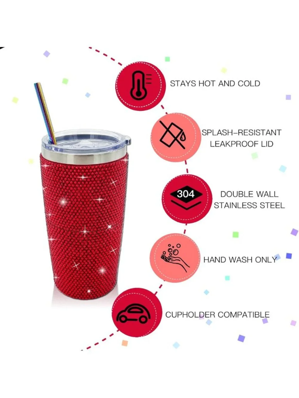 Glitter Rhinestone 20oz Stainless Steel Tumbler - Leak Proof Travel Mug with